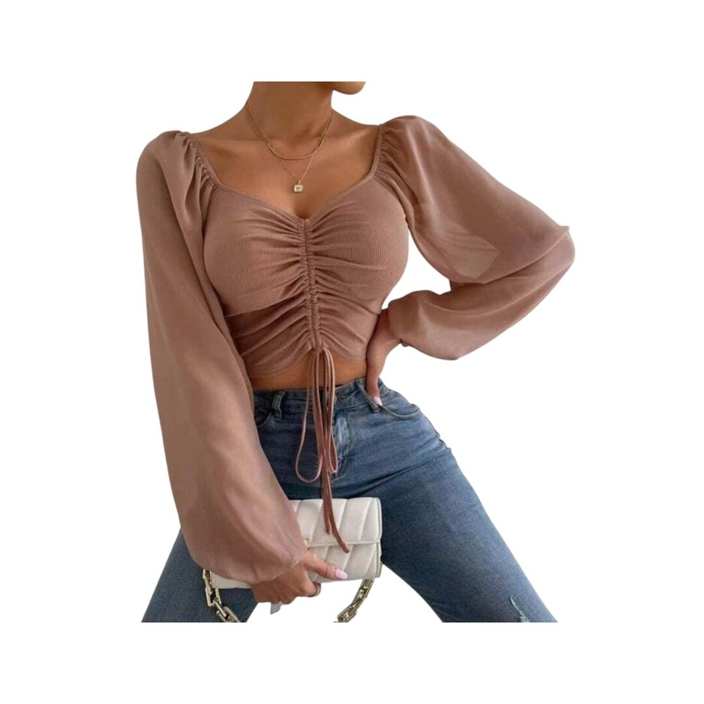 Papaya Tan Ruched Drawstring Long Sleeve Crop‎ Top Blouse Shirt M Y2K